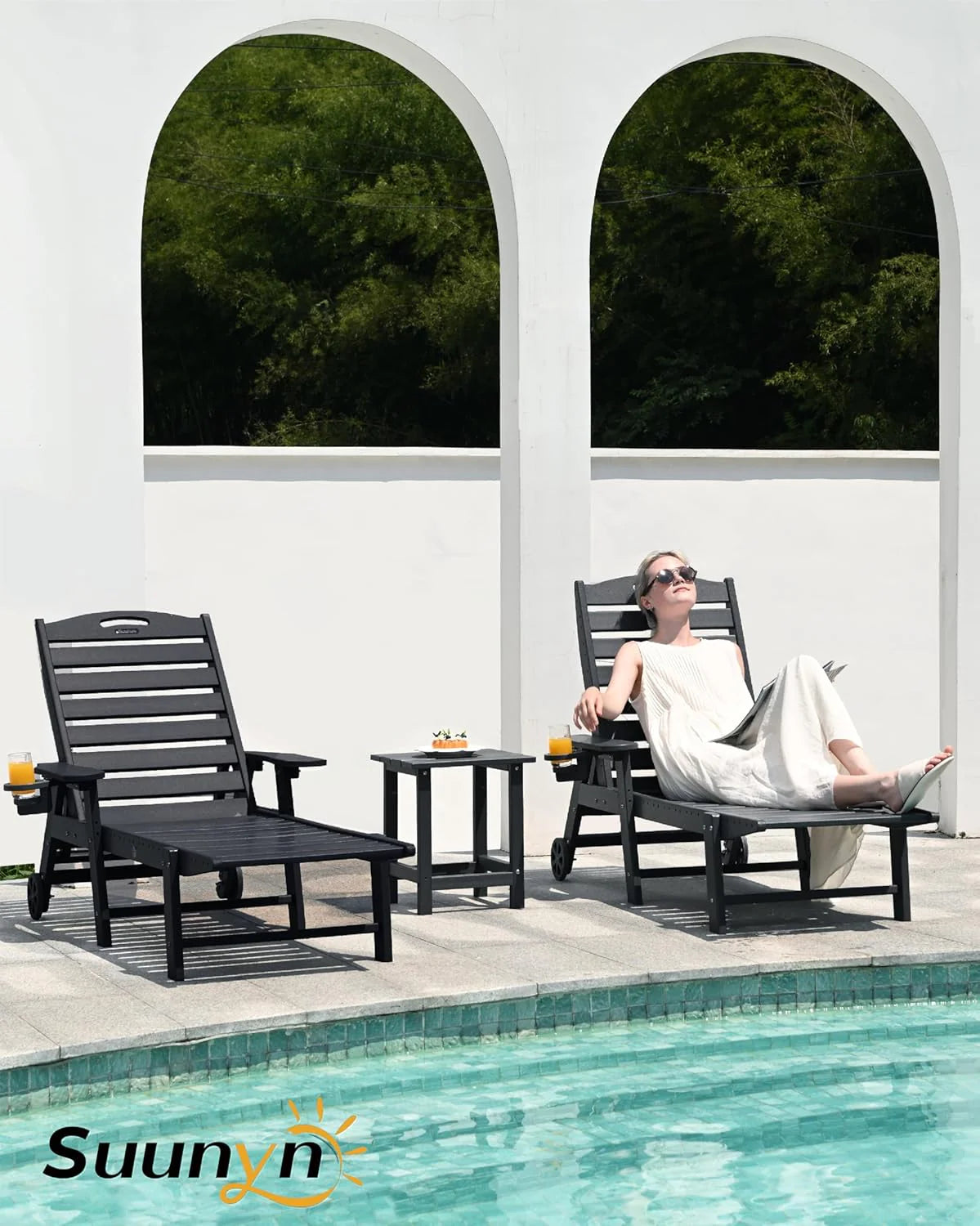 Lounge Chair Outdoor, Chaise Lounge, HDPE 6-Position Outdoor Chaise Lounge, Patio Lounge Chair with Wheels & Cup Holder for Pool Poolside Deck Backyard, Teak
