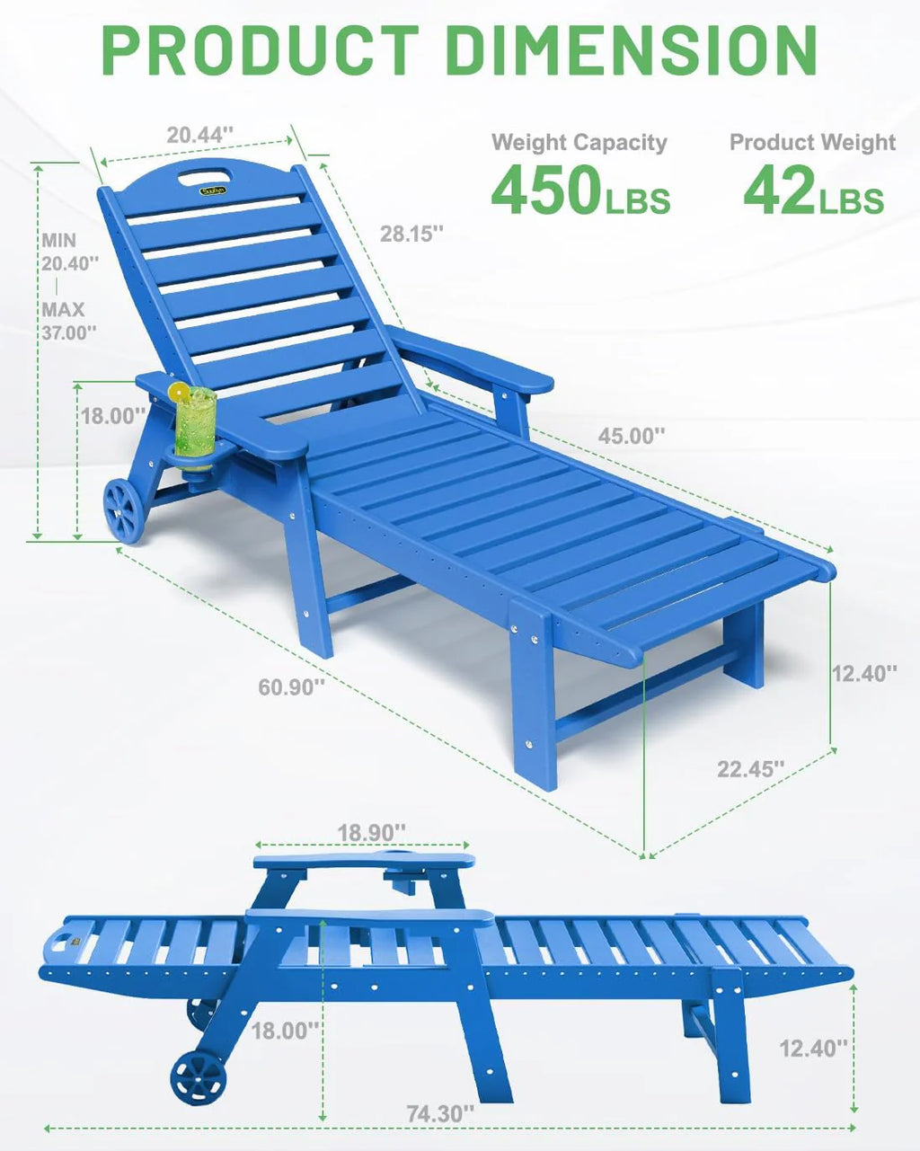 Lounge Chair Outdoor, Chaise Lounge, HDPE 6-Position Outdoor Chaise Lounge, Patio Lounge Chair with Wheels & Cup Holder for Pool Poolside Deck Backyard, Teak