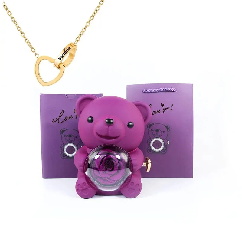 Eternal Rose Teddy Bear Gift Box with Necklace (Purple Rose gold)