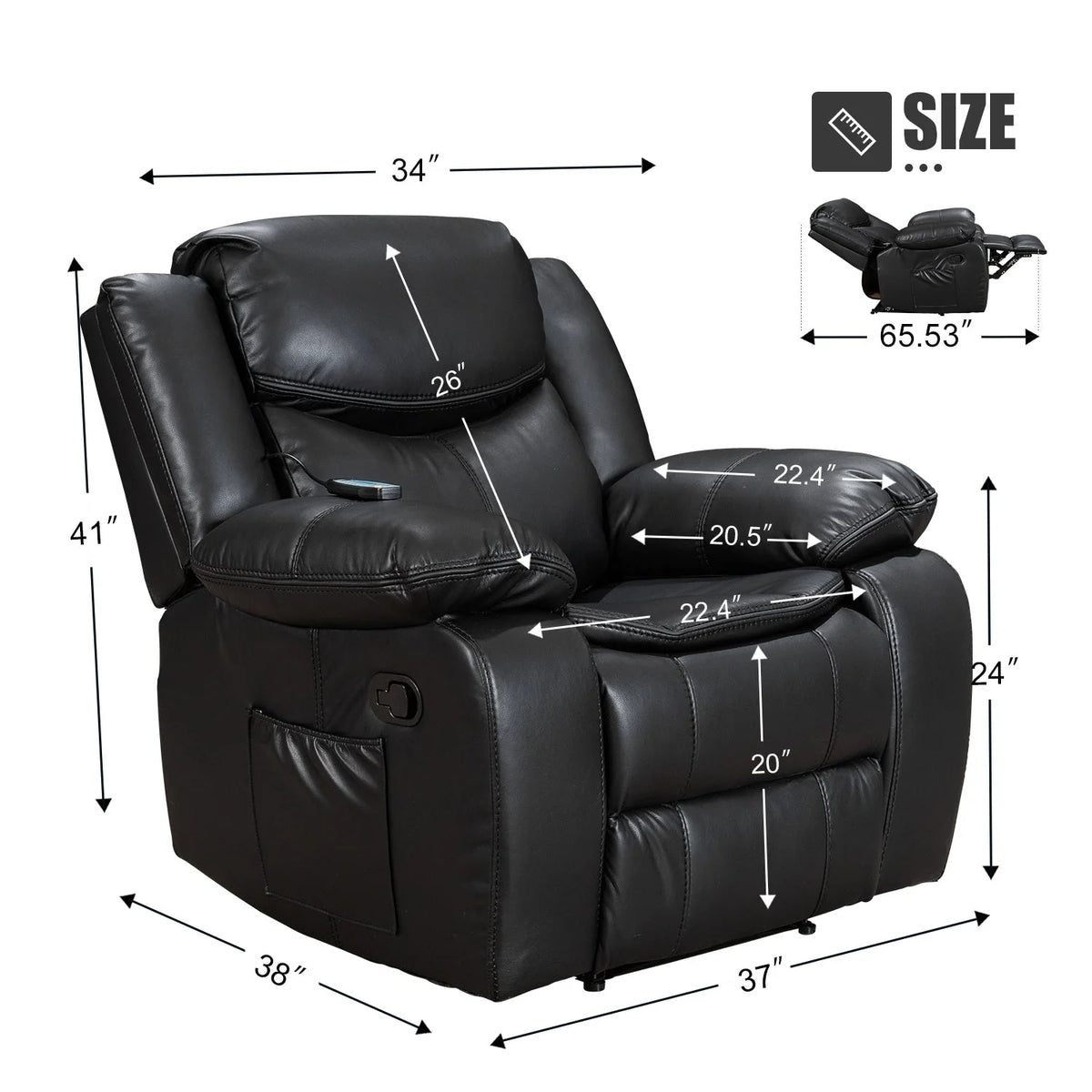 Wide Seat Durable Leather Massage and Heat Recliner