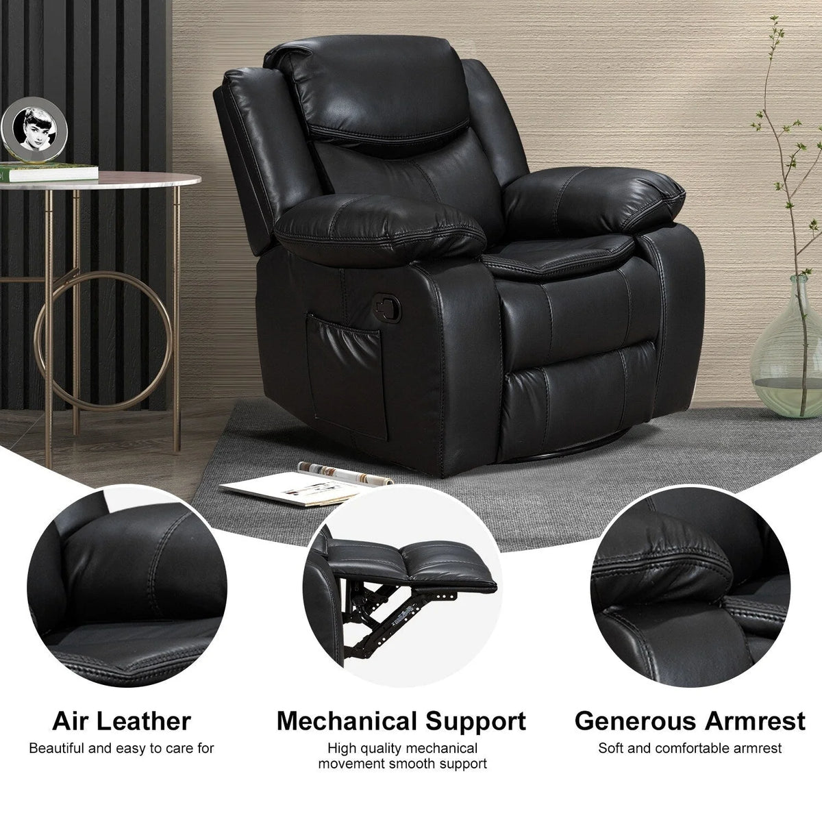 Wide Seat Durable Leather Massage and Heat Recliner