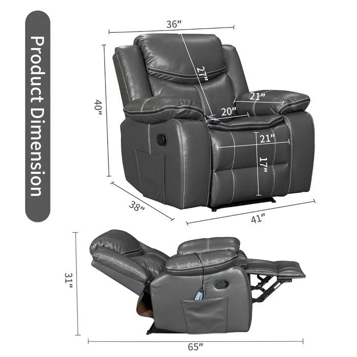 Wide Seat Durable Leather Massage and Heat Recliner