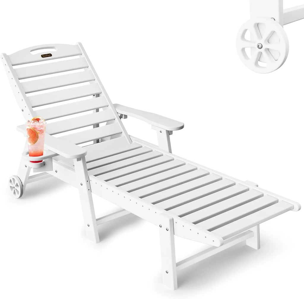 Lounge Chair Outdoor, Chaise Lounge, HDPE 6-Position Outdoor Chaise Lounge, Patio Lounge Chair with Wheels & Cup Holder for Pool Poolside Deck Backyard, Teak